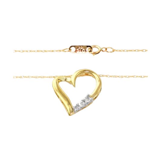 10k Gold and Diamond Three-Stone Heart Pendant Necklace