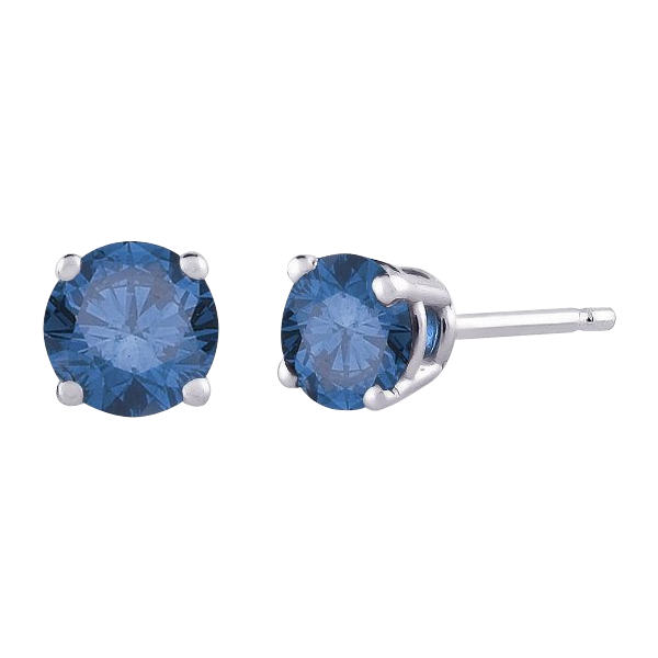 Blue - I1 Round Brilliant Cut Diamond Earring Studs in 14K White Gold