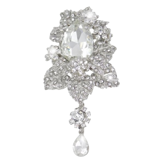 Bridal Silver-Tone Orchid Flower Teardrop Brooch Pendant Clear Austrian Crystal