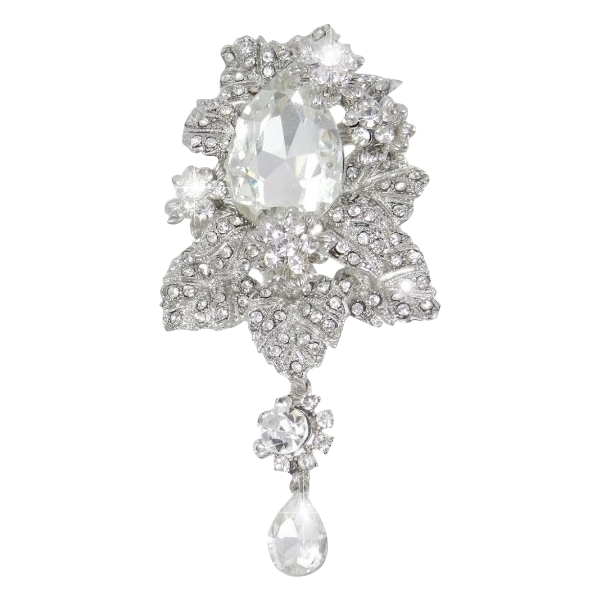 Bridal Silver-Tone Orchid Flower Teardrop Brooch Pendant Clear Austrian Crystal