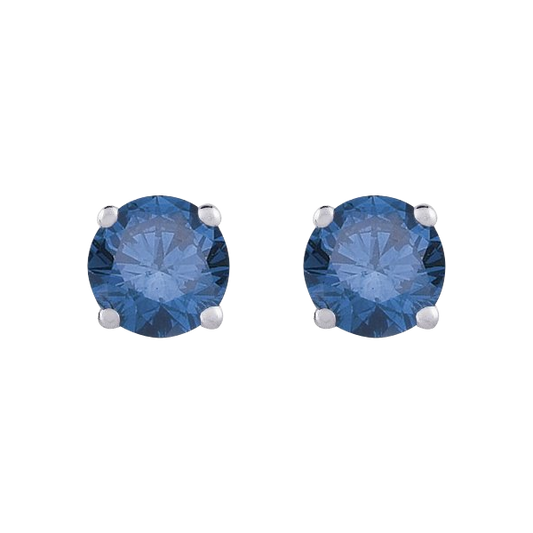 Blue - I1 Round Brilliant Cut Diamond Earring Studs in 14K White Gold