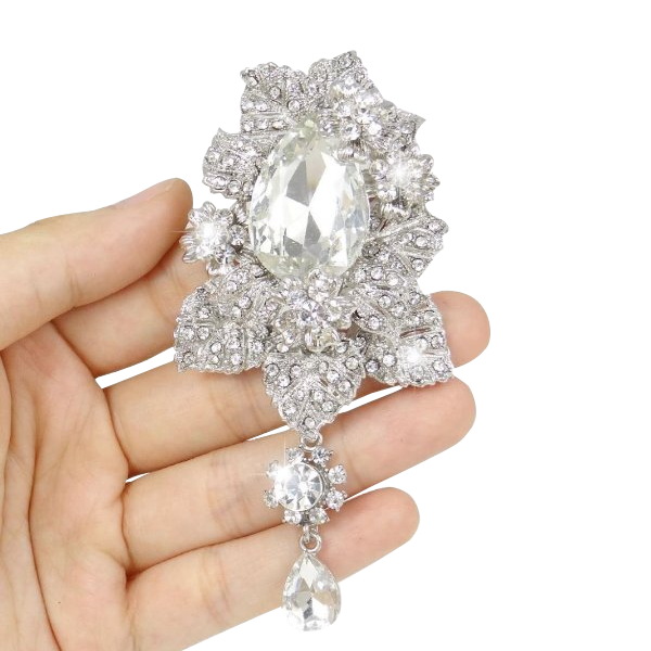 Bridal Silver-Tone Orchid Flower Teardrop Brooch Pendant Clear Austrian Crystal