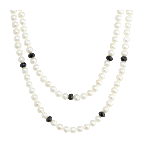 Faceted Black Onyx Rondelle White Freshwater Cultured Pearl Endless Necklac