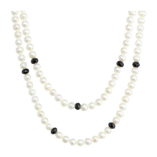 Faceted Black Onyx Rondelle White Freshwater Cultured Pearl Endless Necklac